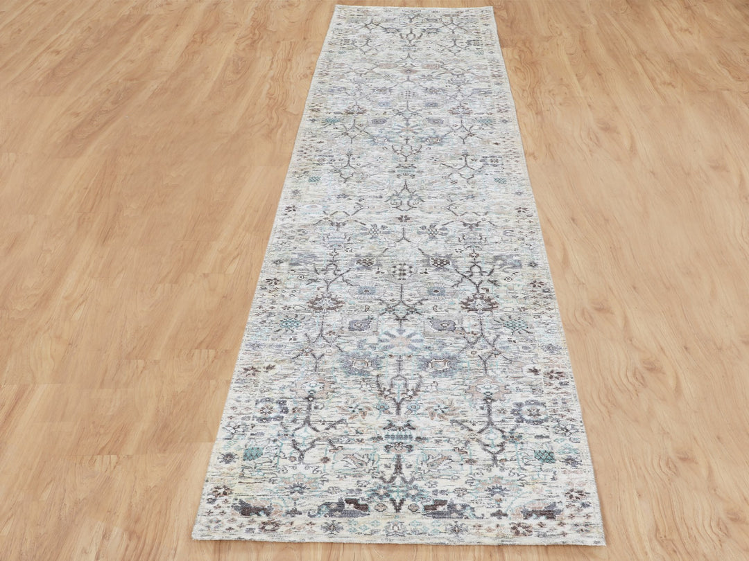 2'5" x 12'0" New Hand Knotted Ivory Wool & Silk Runner Oriental Rug - MOA10258197
