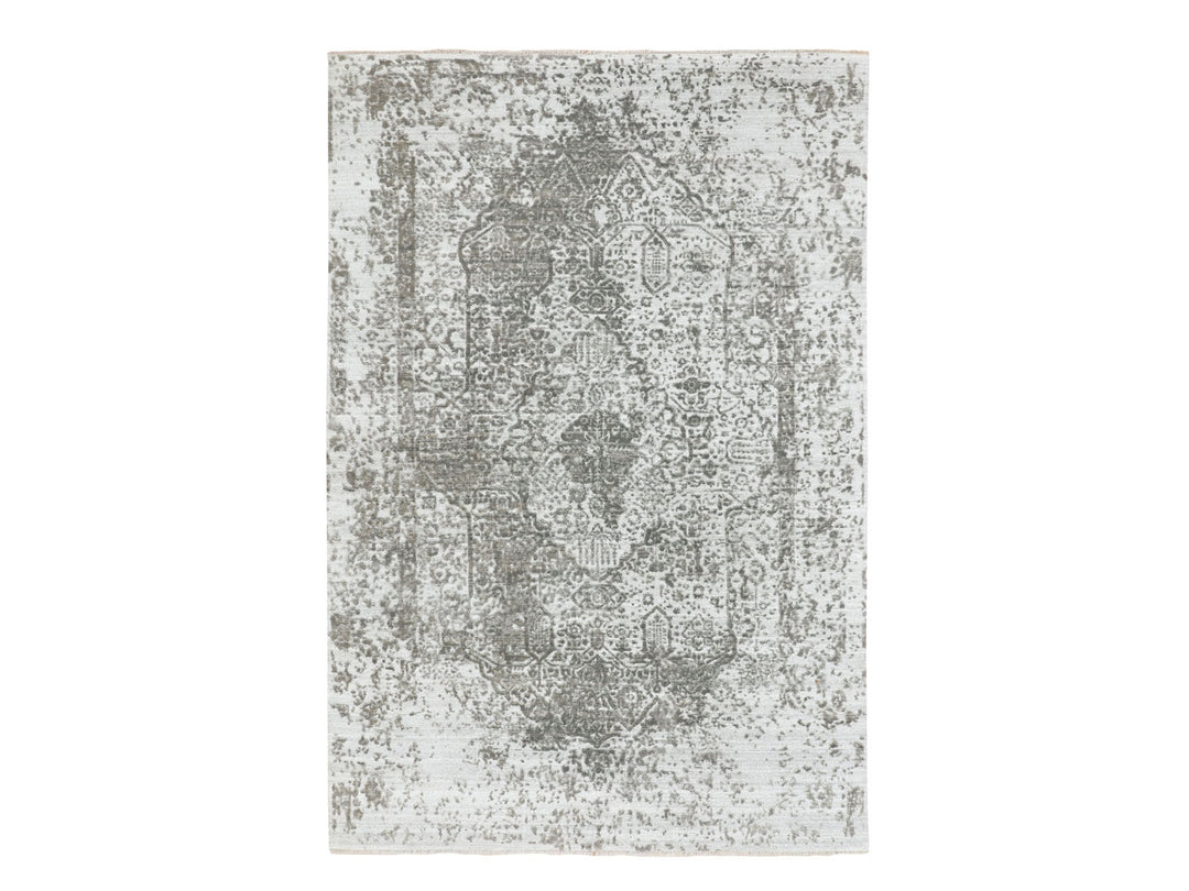 6'0" x 9'0" New Hand Knotted Grey Wool & Pure Silk Rectangle Oriental Rug - MOA10258339