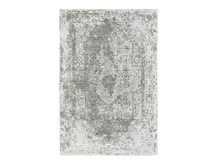 6'0" x 9'0" New Hand Knotted Grey Wool & Pure Silk Rectangle Oriental Rug - MOA10258339