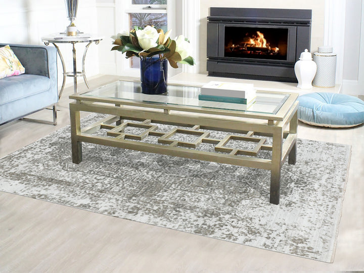 6'0" x 9'0" New Hand Knotted Grey Wool & Pure Silk Rectangle Oriental Rug - MOA10258339