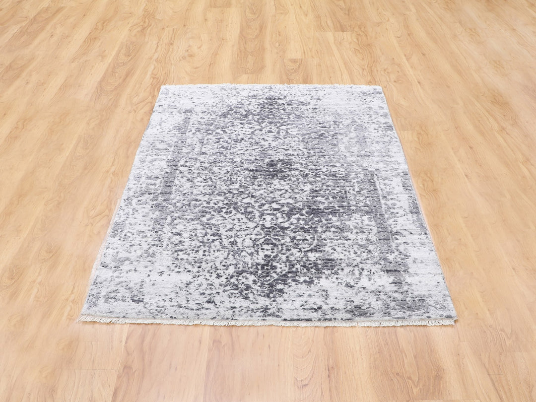 3'0" x 5'0" New Hand Knotted Grey Wool & Pure Silk Rectangle Oriental Rug - MOA10258341
