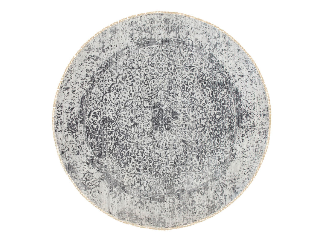8'0" x 8'0" New Hand Knotted Grey Wool & Pure Silk Round Oriental Rug - MOA10258385