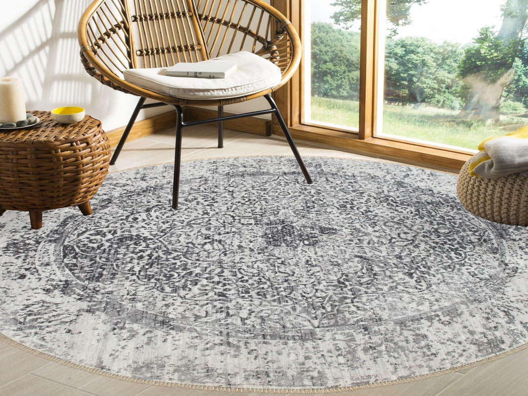 8'0" x 8'0" New Hand Knotted Grey Wool & Pure Silk Round Oriental Rug - MOA10258385