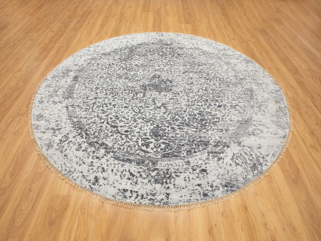 8'0" x 8'0" New Hand Knotted Grey Wool & Pure Silk Round Oriental Rug - MOA10258385