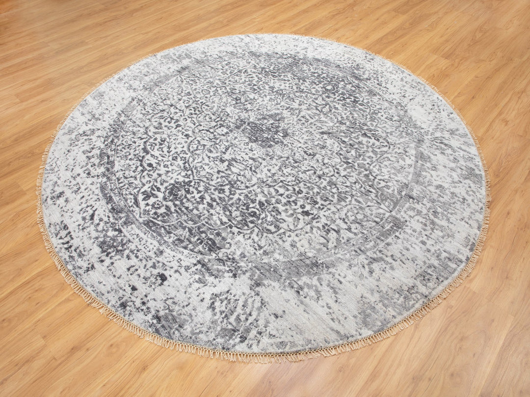 8'0" x 8'0" New Hand Knotted Grey Wool & Pure Silk Round Oriental Rug - MOA10258385