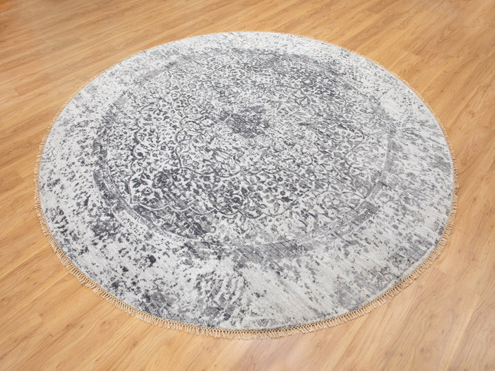 8'0" x 8'0" New Hand Knotted Grey Wool & Pure Silk Round Oriental Rug - MOA10258385