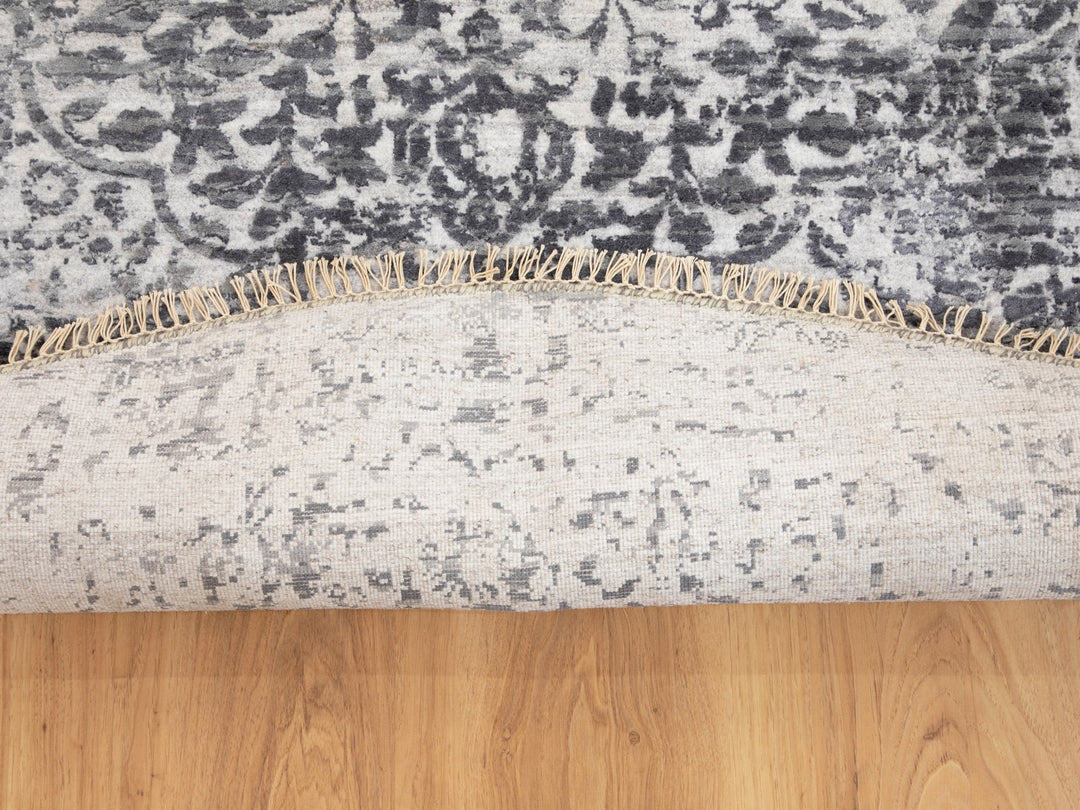 8'0" x 8'0" New Hand Knotted Grey Wool & Pure Silk Round Oriental Rug - MOA10258385
