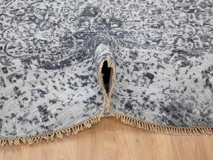 8'0" x 8'0" New Hand Knotted Grey Wool & Pure Silk Round Oriental Rug - MOA10258385