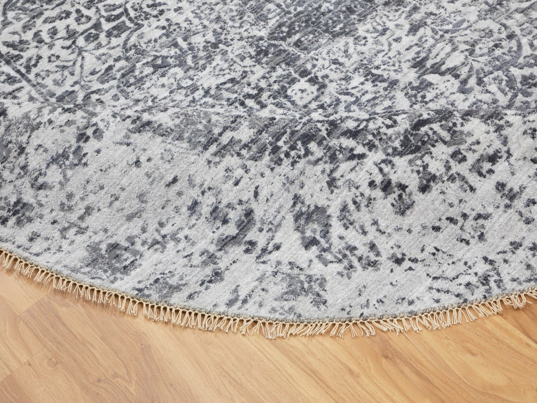 8'0" x 8'0" New Hand Knotted Grey Wool & Pure Silk Round Oriental Rug - MOA10258385