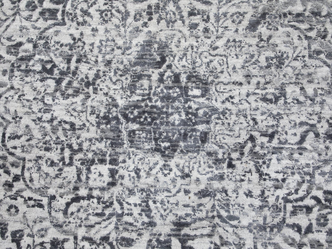 8'0" x 8'0" New Hand Knotted Grey Wool & Pure Silk Round Oriental Rug - MOA10258385