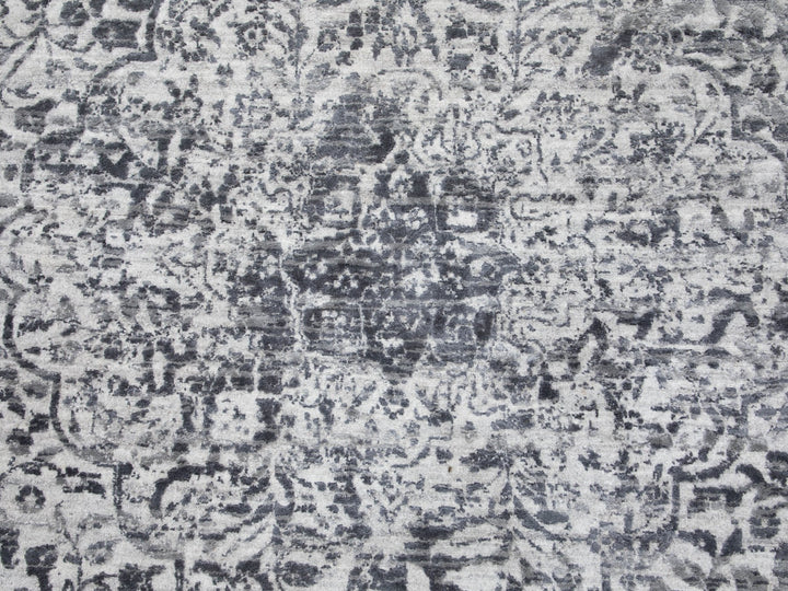8'0" x 8'0" New Hand Knotted Grey Wool & Pure Silk Round Oriental Rug - MOA10258385