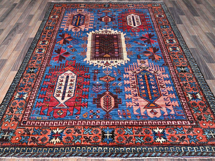 6'0" x 7'8" New Hand Knotted Blue Wool Rectangle Oriental Rug - MOA102583