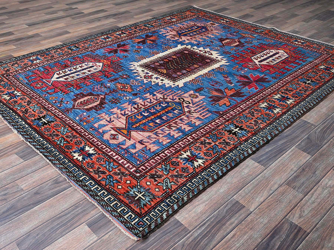 6'0" x 7'8" New Hand Knotted Blue Wool Rectangle Oriental Rug - MOA102583