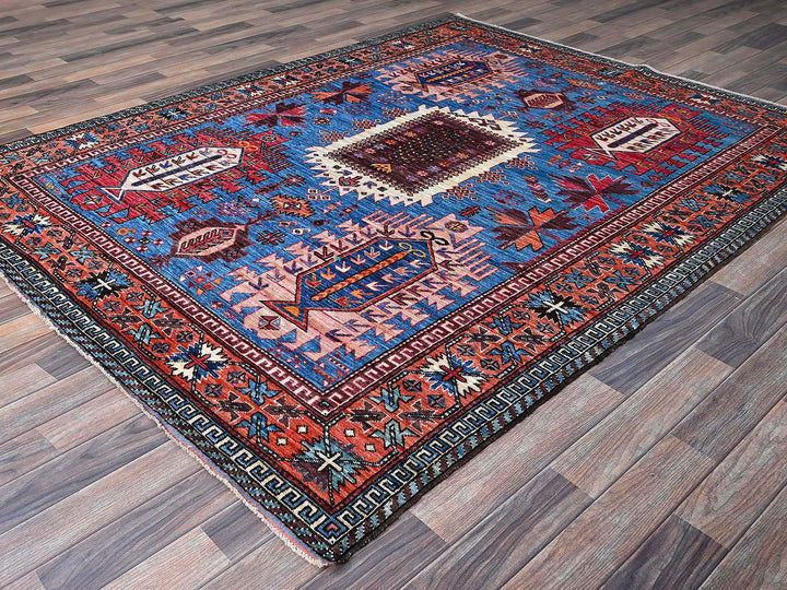 6'0" x 7'8" New Hand Knotted Blue Wool Rectangle Oriental Rug - MOA102583