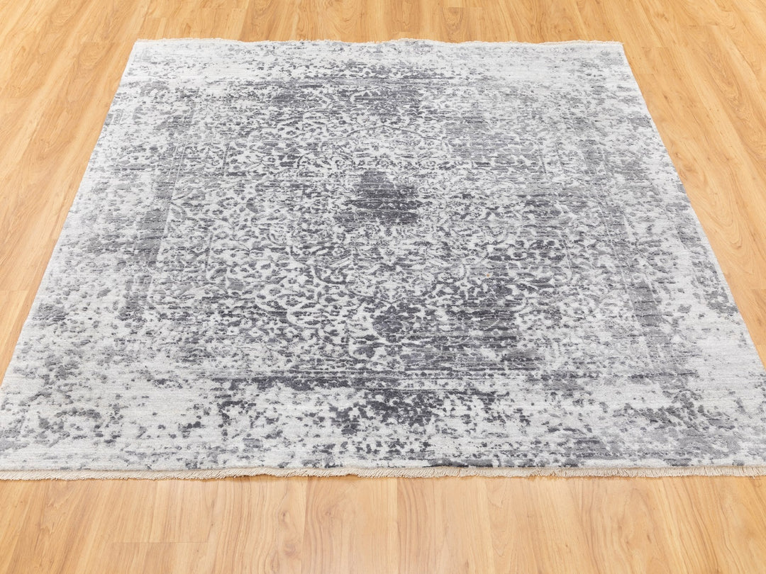 6'2" x 6'2" New Hand Knotted Grey Wool & Pure Silk Square Oriental Rug - MOA10258407