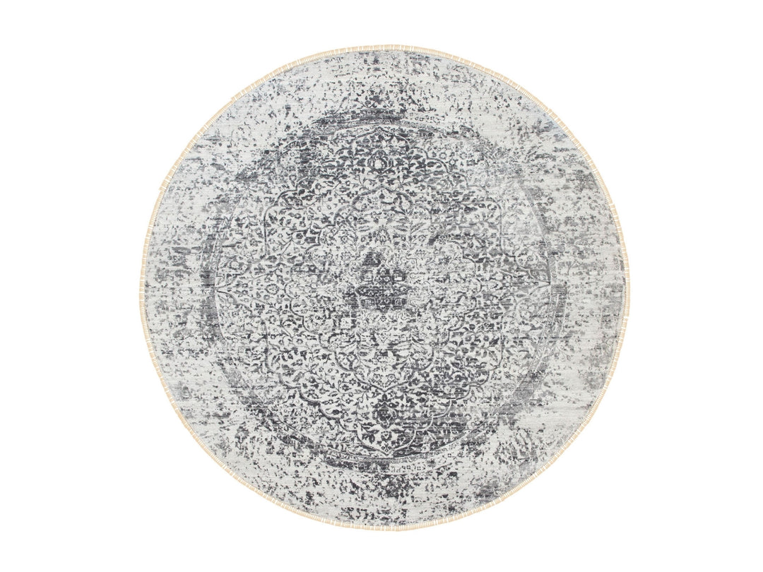 7'0" x 7'0" New Hand Knotted Grey Wool & Pure Silk Round Oriental Rug - MOA10258408