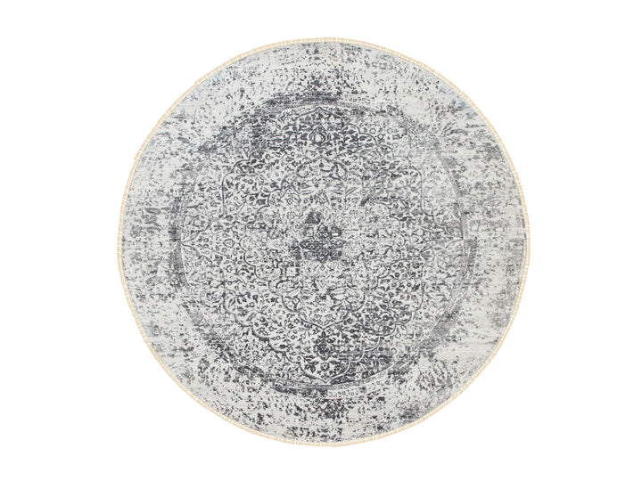 7'0" x 7'0" New Hand Knotted Grey Wool & Pure Silk Round Oriental Rug - MOA10258408