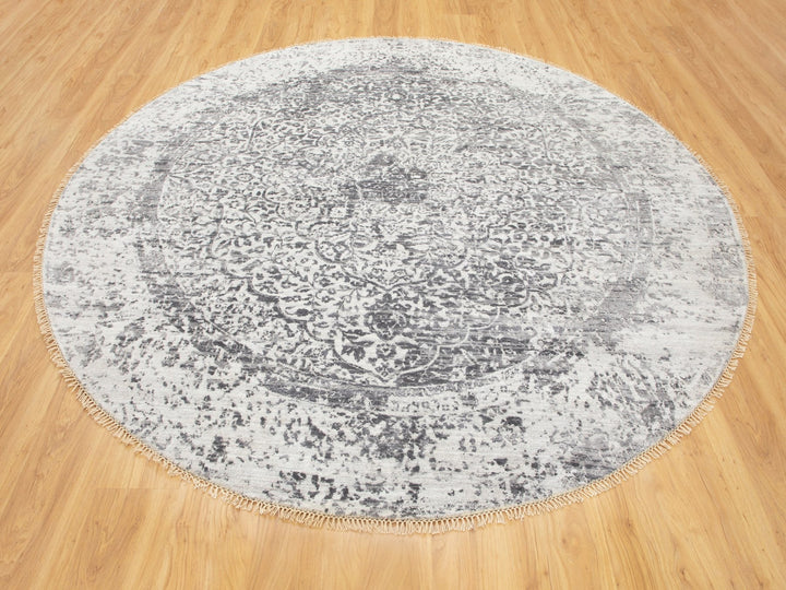 7'0" x 7'0" New Hand Knotted Grey Wool & Pure Silk Round Oriental Rug - MOA10258408