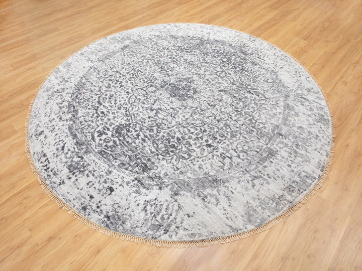 7'0" x 7'0" New Hand Knotted Grey Wool & Pure Silk Round Oriental Rug - MOA10258408