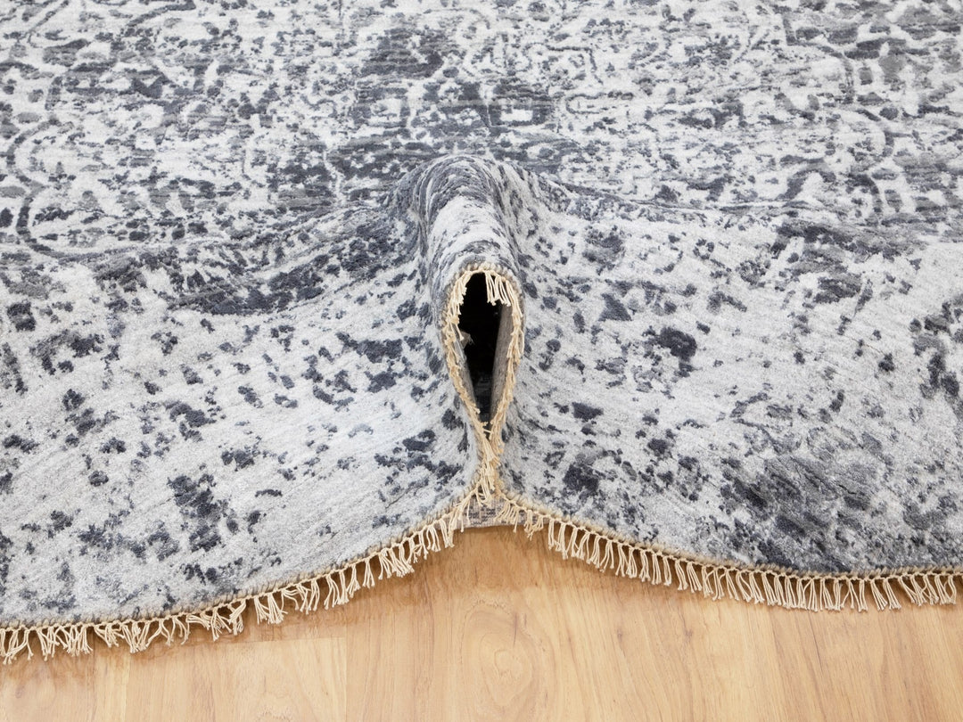 7'0" x 7'0" New Hand Knotted Grey Wool & Pure Silk Round Oriental Rug - MOA10258408