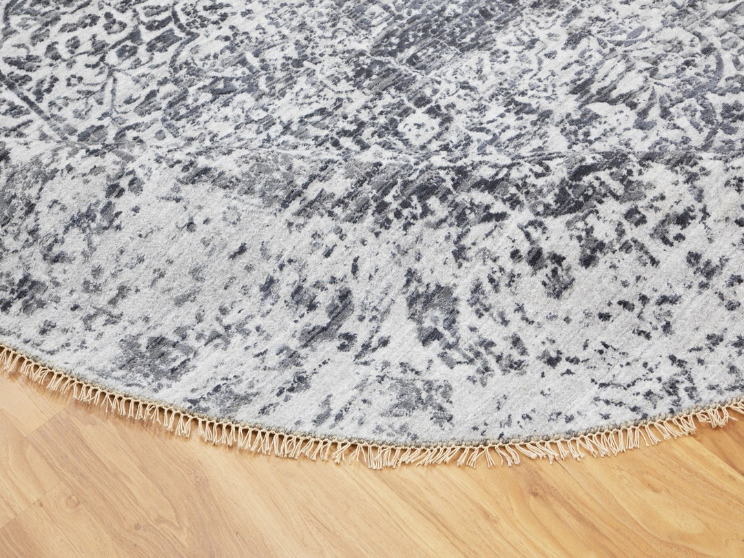 7'0" x 7'0" New Hand Knotted Grey Wool & Pure Silk Round Oriental Rug - MOA10258408