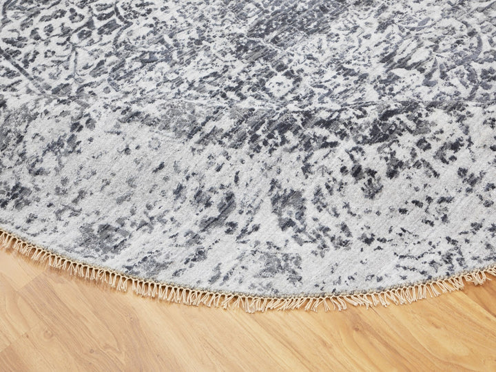 7'0" x 7'0" New Hand Knotted Grey Wool & Pure Silk Round Oriental Rug - MOA10258408