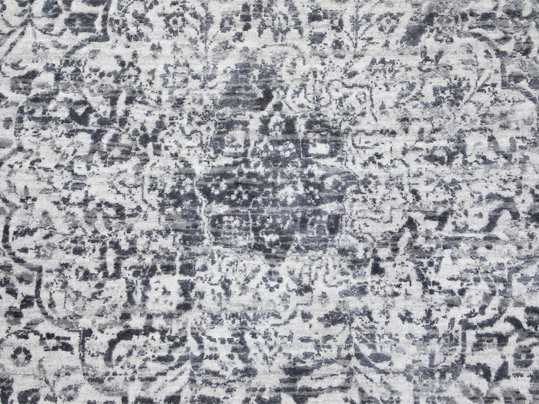 7'0" x 7'0" New Hand Knotted Grey Wool & Pure Silk Round Oriental Rug - MOA10258408