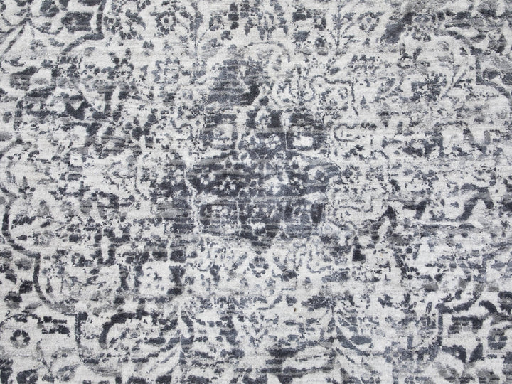 7'0" x 7'0" New Hand Knotted Grey Wool & Pure Silk Round Oriental Rug - MOA10258408