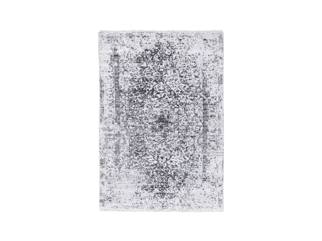 3'0" x 5'1" New Hand Knotted Grey Wool & Pure Silk Rectangle Oriental Rug - MOA10258416