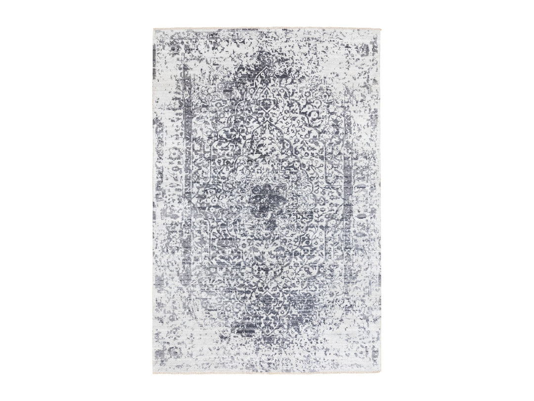 6'0" x 9'2" New Hand Knotted Grey Wool & Pure Silk Rectangle Oriental Rug - MOA10258423