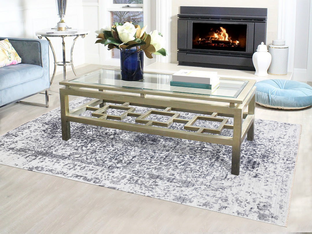 6'0" x 9'2" New Hand Knotted Grey Wool & Pure Silk Rectangle Oriental Rug - MOA10258423