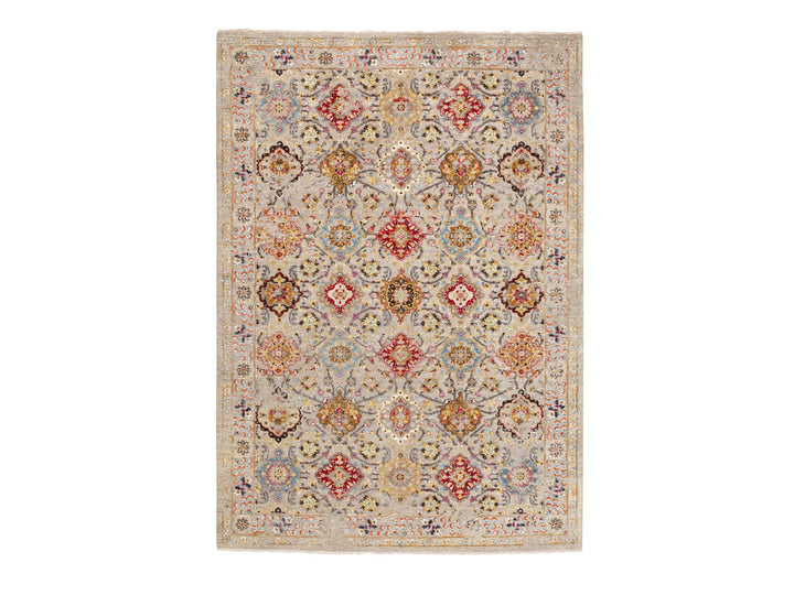 6'1" x 9'0" New Hand Knotted Beige Wool & Pure Silk Rectangle Oriental Rug - MOA10258443