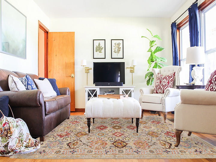 6'1" x 9'0" New Hand Knotted Beige Wool & Pure Silk Rectangle Oriental Rug - MOA10258443