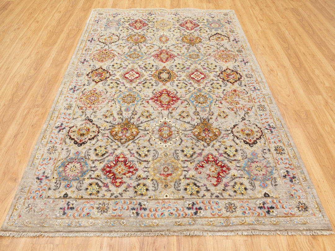 6'1" x 9'0" New Hand Knotted Beige Wool & Pure Silk Rectangle Oriental Rug - MOA10258443