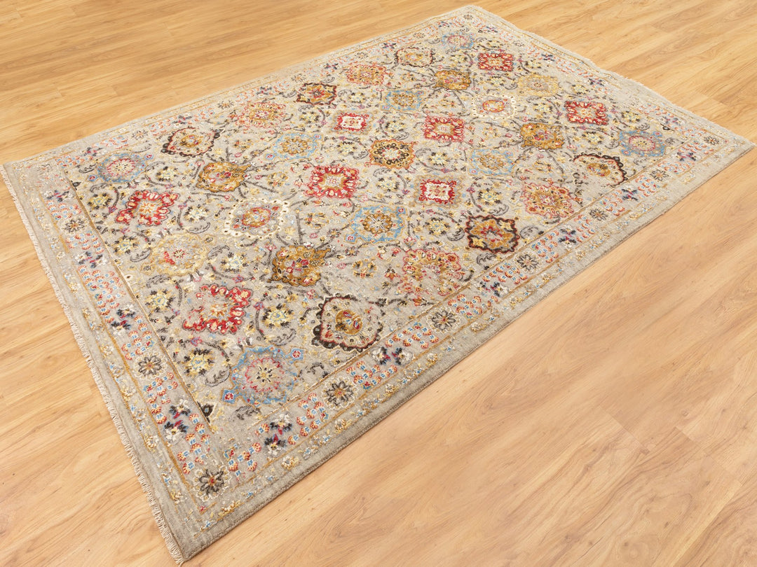 6'1" x 9'0" New Hand Knotted Grey Wool & Pure Silk Rectangle Oriental Rug - MOA10258443