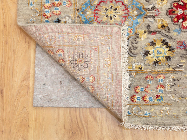 6'1" x 9'0" New Hand Knotted Grey Wool & Pure Silk Rectangle Oriental Rug - MOA10258443