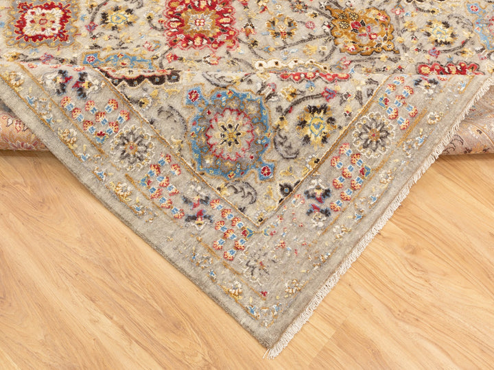 6'1" x 9'0" New Hand Knotted Grey Wool & Pure Silk Rectangle Oriental Rug - MOA10258443