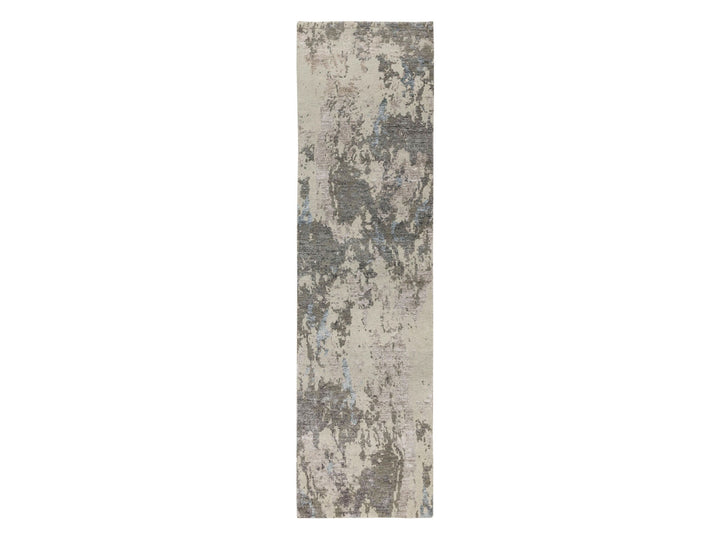 2'8" x 10'0" New Hand Knotted Grey Wool & Silk Runner Oriental Rug - MOA10258448