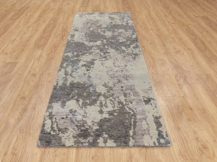 2'8" x 10'0" New Hand Knotted Grey Wool & Silk Runner Oriental Rug - MOA10258448