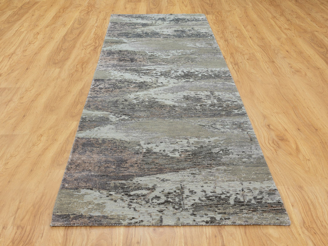2'8" x 9'10" New Hand Knotted Grey Wool & Silk Runner Oriental Rug - MOA10258452