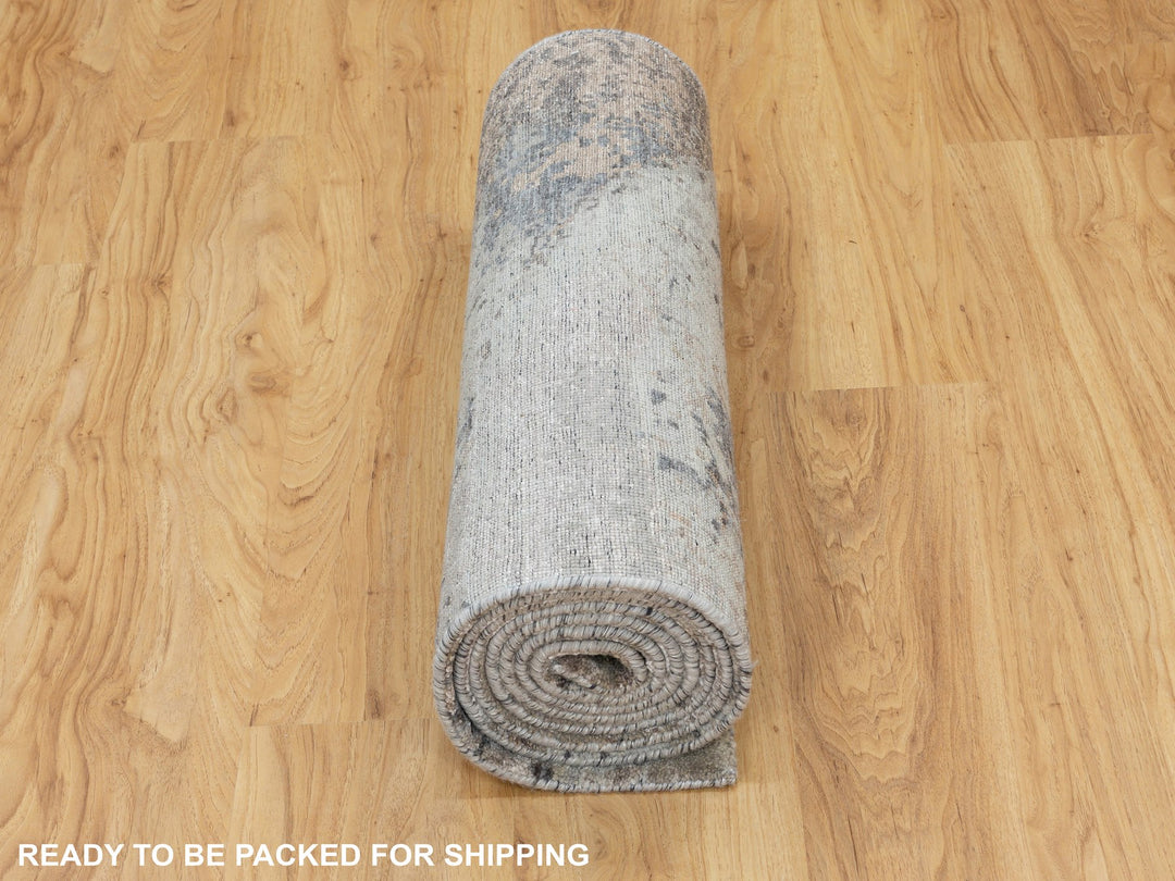 2'8" x 9'10" New Hand Knotted Grey Wool & Silk Runner Oriental Rug - MOA10258452