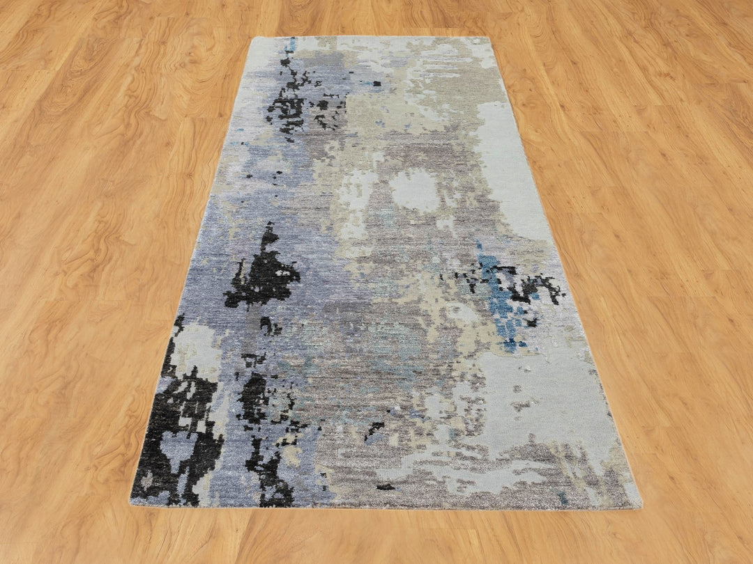 2'4" x 7'5" New Hand Knotted Grey Wool & Silk Runner Oriental Rug - MOA10258457