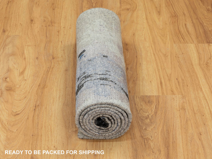 2'4" x 7'5" New Hand Knotted Grey Wool & Silk Runner Oriental Rug - MOA10258457