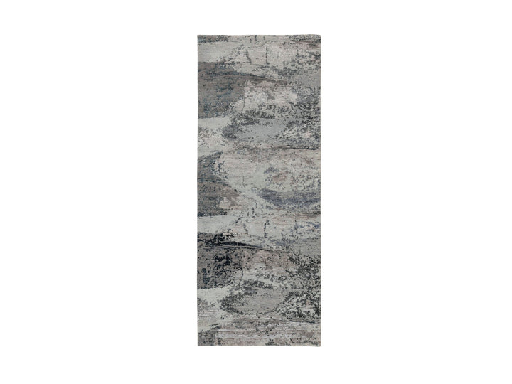 2'8" x 7'8" New Hand Knotted Grey Wool & Silk Runner Oriental Rug - MOA10258458