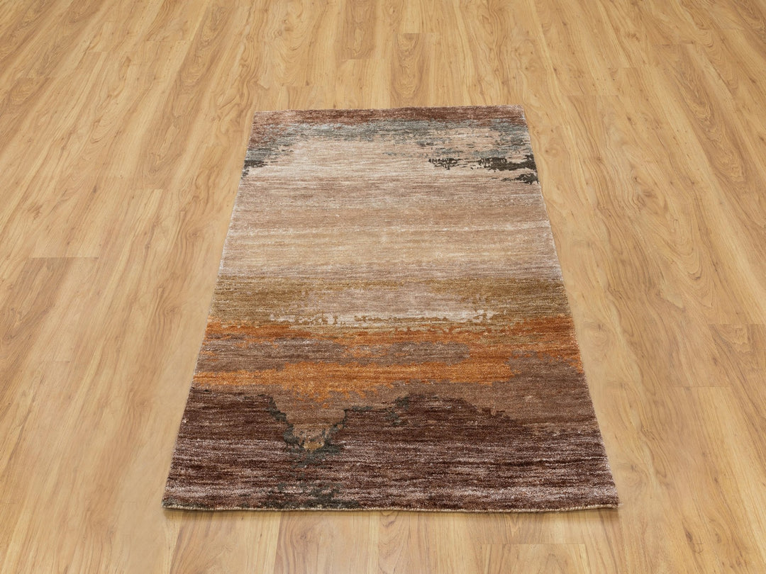 3'0" x 5'0" New Hand Knotted Brown Wool & Silk Rectangle Oriental Rug - MOA10258462