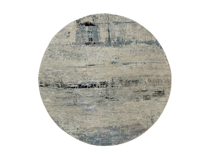 10'0" x 10'0" New Hand Knotted Grey Wool & Silk Round Oriental Rug - MOA10258480