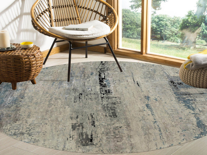 10'0" x 10'0" New Hand Knotted Grey Wool & Silk Round Oriental Rug - MOA10258480