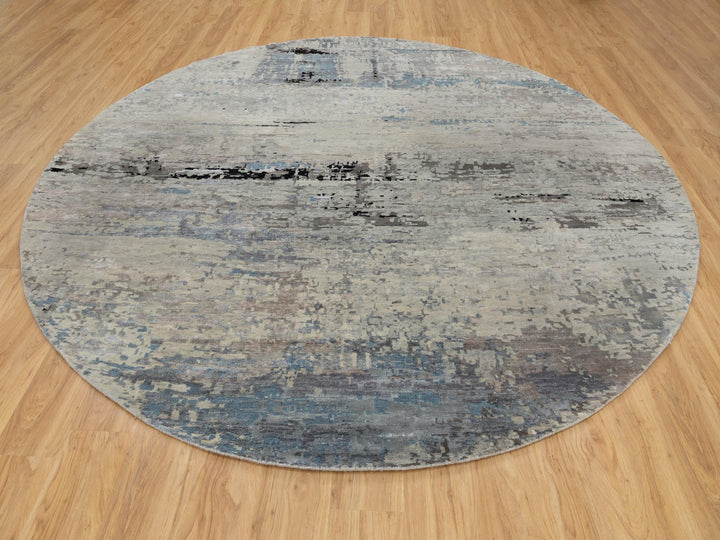 10'0" x 10'0" New Hand Knotted Grey Wool & Silk Round Oriental Rug - MOA10258480