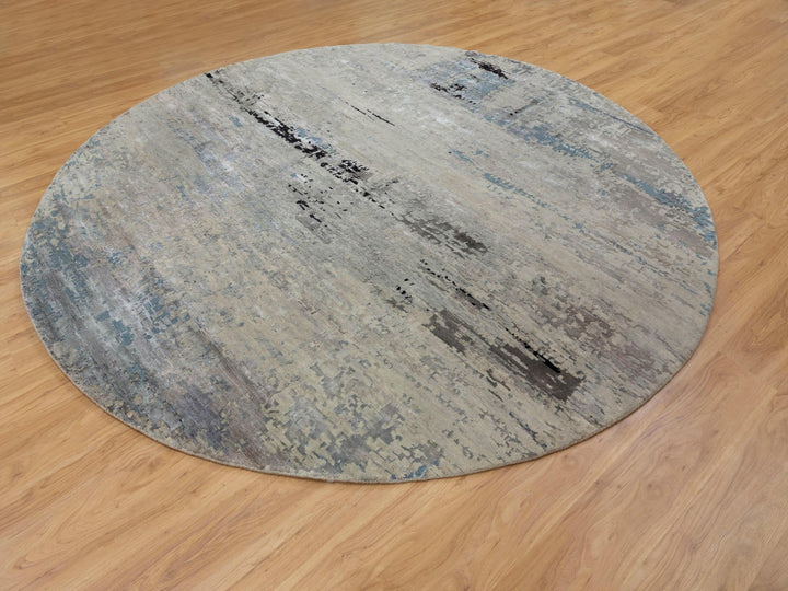 10'0" x 10'0" New Hand Knotted Grey Wool & Silk Round Oriental Rug - MOA10258480
