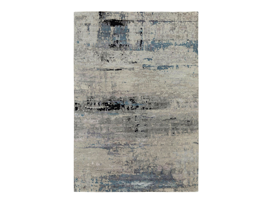 6'3" x 8'10" New Hand Knotted Grey Wool & Silk Rectangle Oriental Rug - MOA10258481